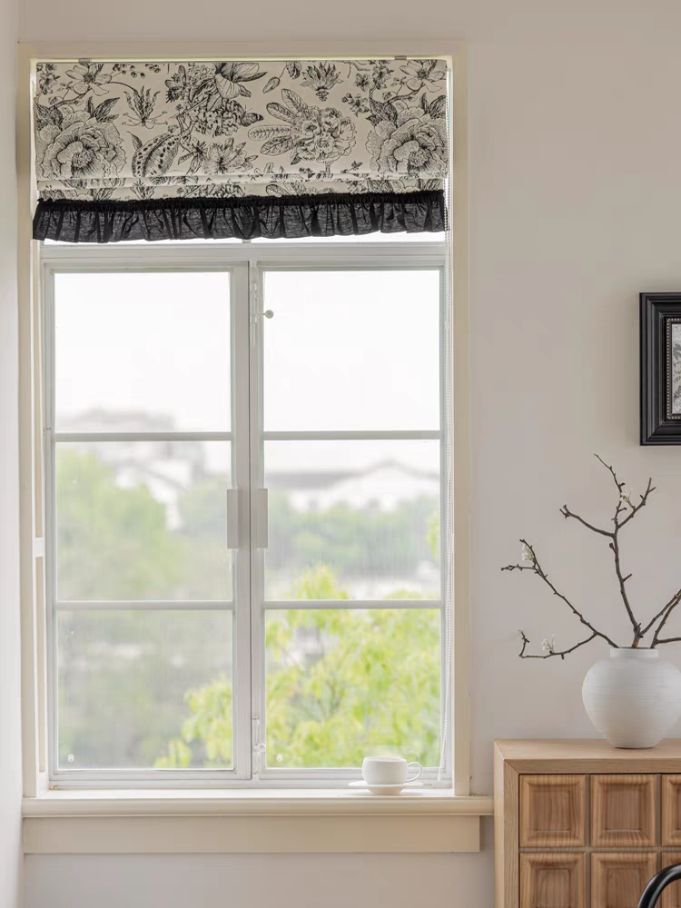 Quick Fix Washable Roman Window Shades Flat Fold - Chenille Black Floral