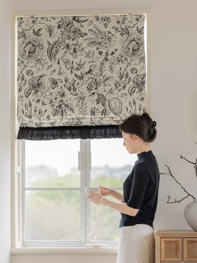 Quick Fix Washable Roman Window Shades Flat Fold - Chenille Black Floral