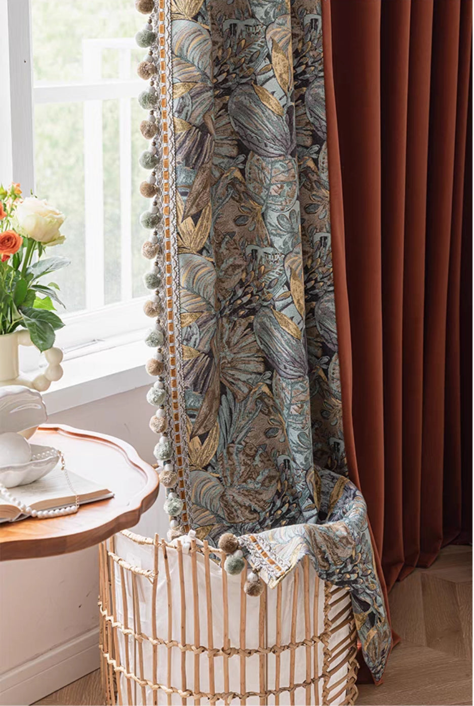Caramel Linen Cotton Custom Curtain with Velvet Jacquard Fabric