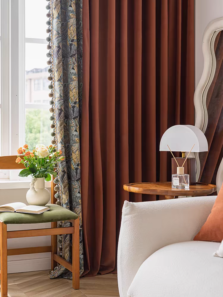 Caramel Linen Cotton Custom Curtain with Velvet Jacquard Fabric