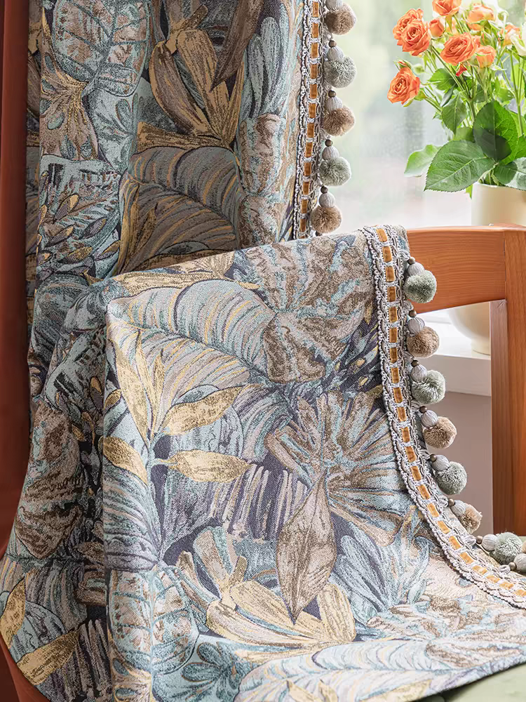 Caramel Linen Cotton Custom Curtain with Velvet Jacquard Fabric