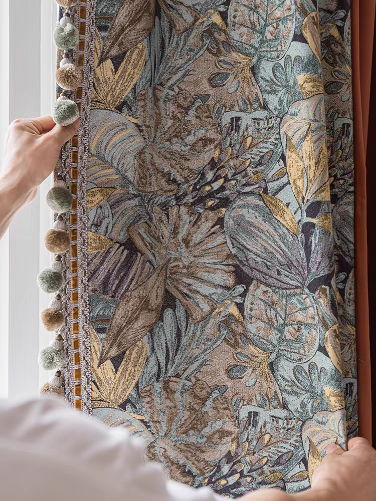 Caramel Linen Cotton Custom Curtain with Velvet Jacquard Fabric
