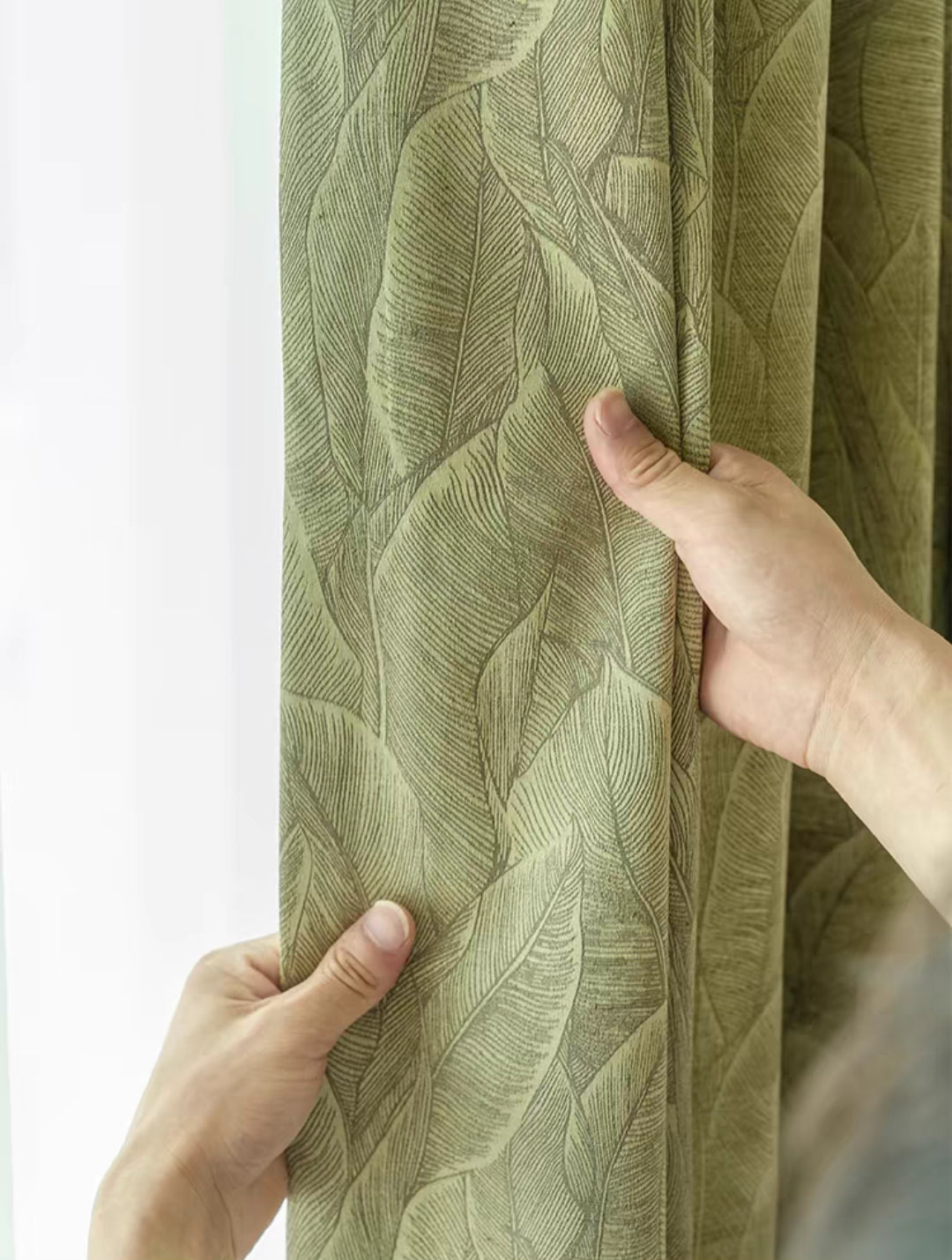 Green Leaves Linen Cotton Jacquard Custom Curtain