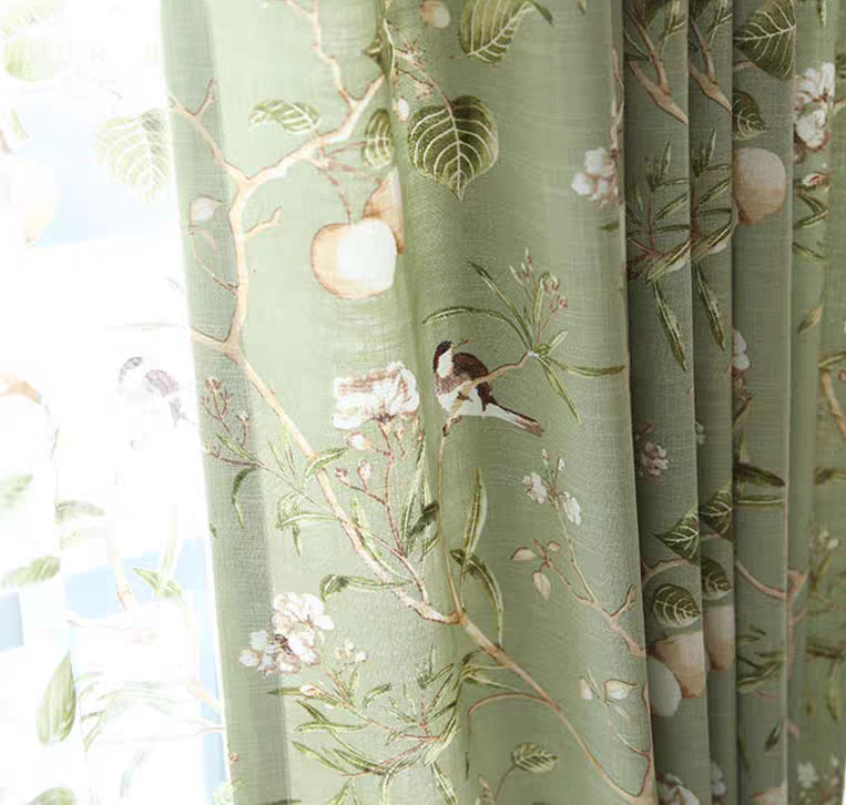 Classic Bird and Flora Linen Cotton Custom Curtain