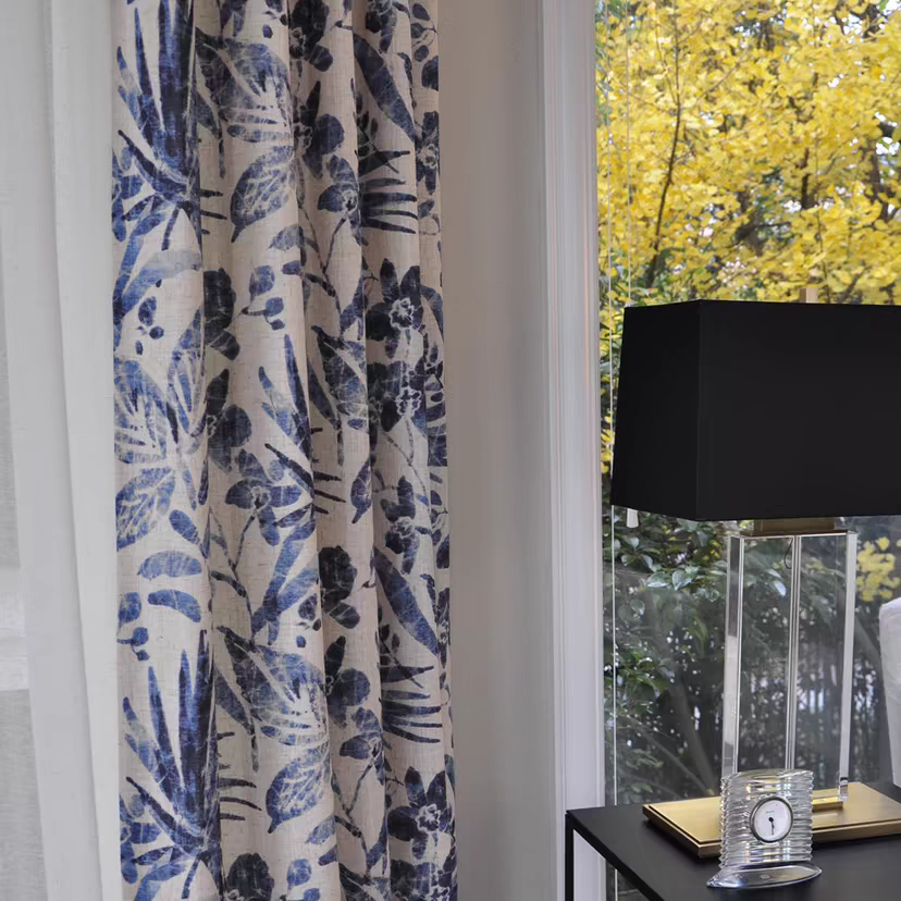 Blue Leaves Linen Cotton Custom Curtain