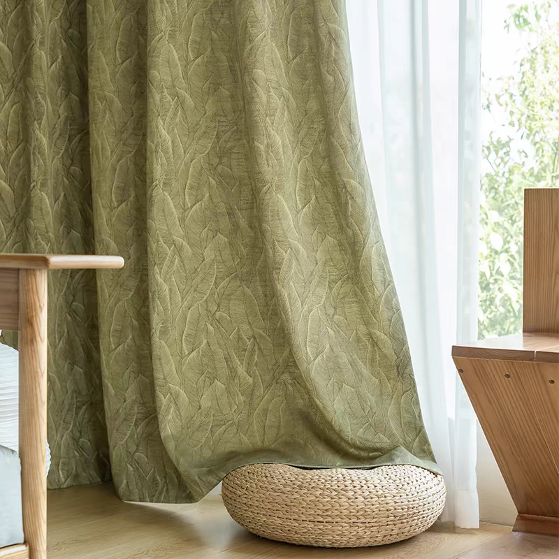 Green Leaves Linen Cotton Jacquard Custom Curtain