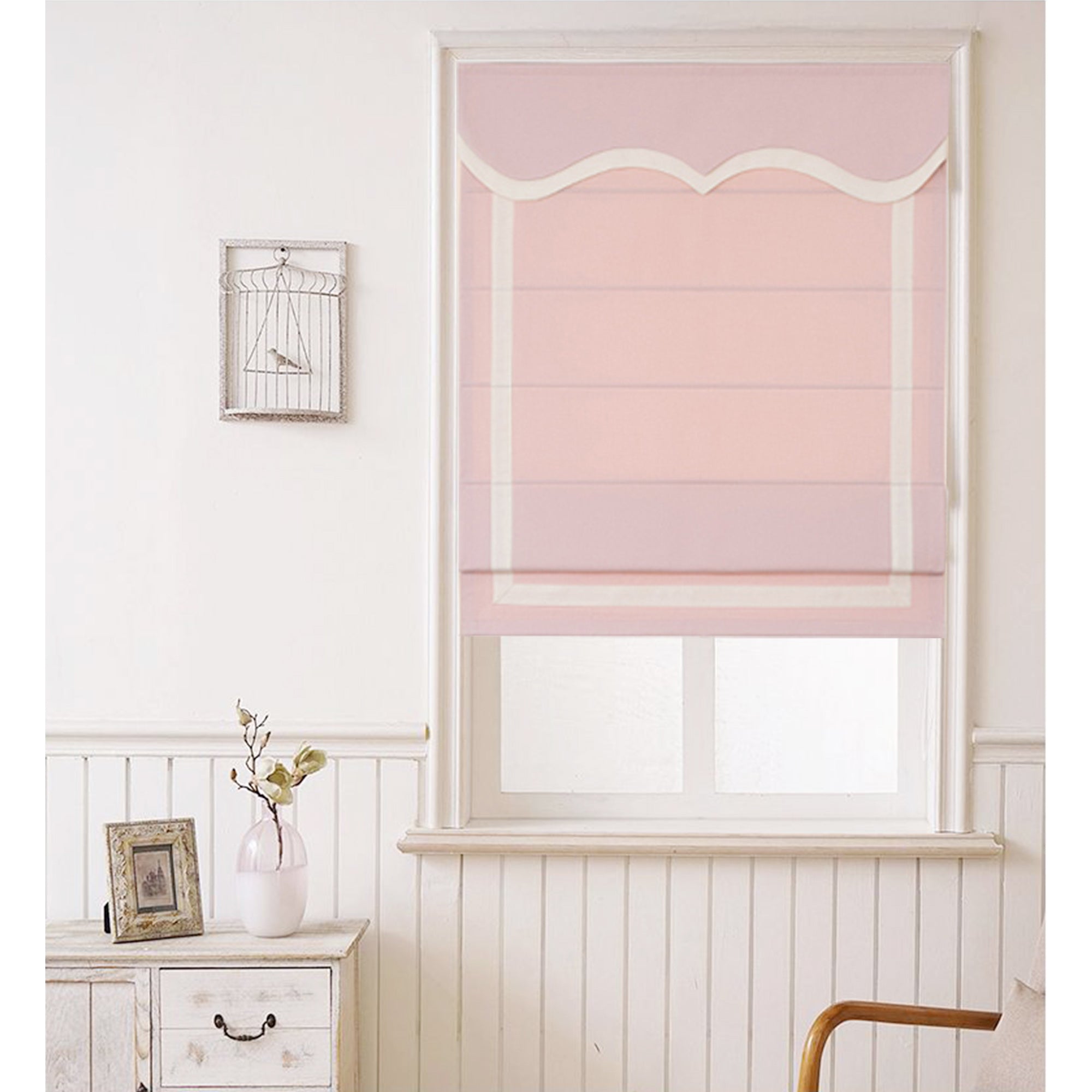 Quick Fix Washable Roman Window Shades Flat Fold with Valance, SG-011 Pink with White Trim