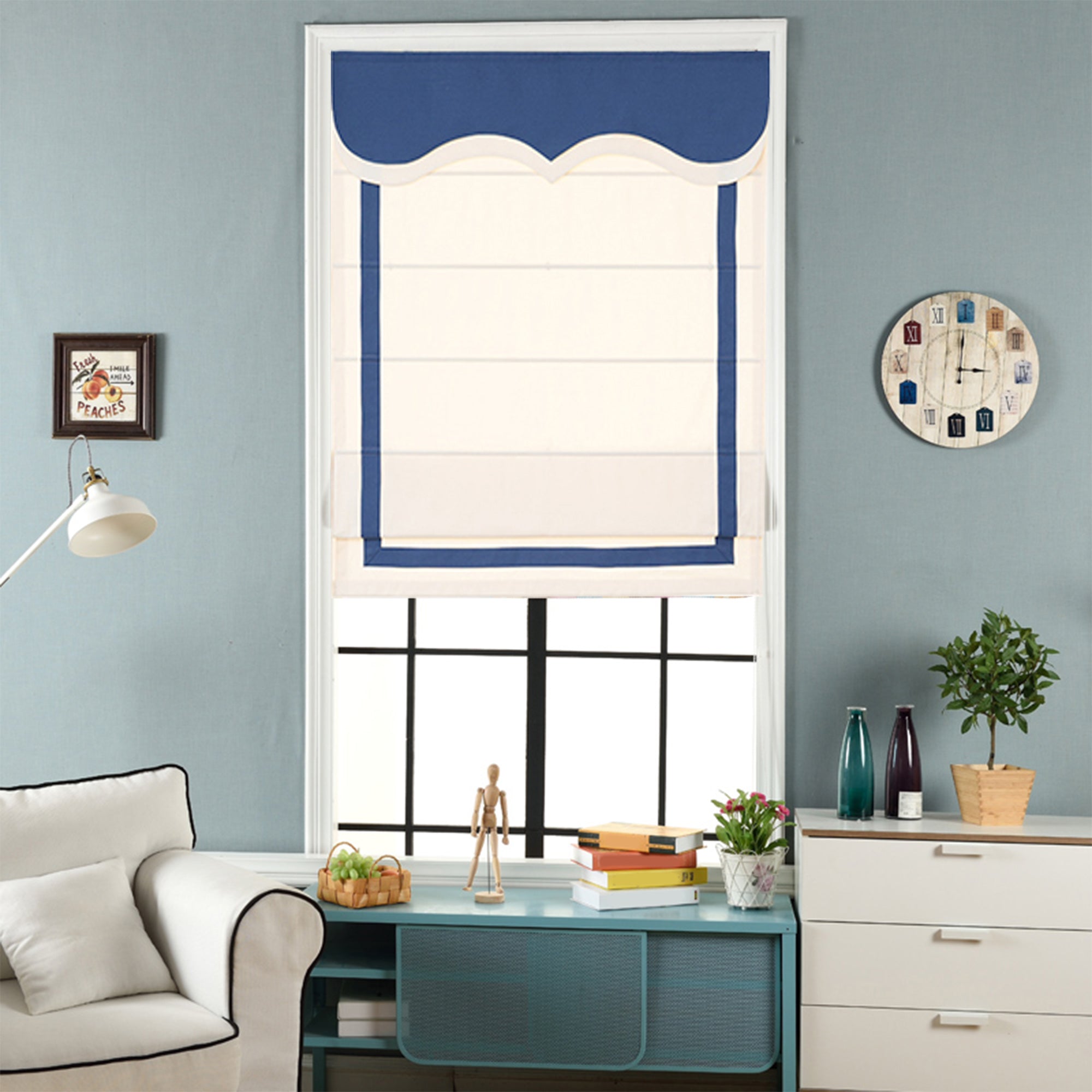 Quick Fix Washable Roman Window Shades Flat Fold with Valance, SG-009 White with Blue Trim