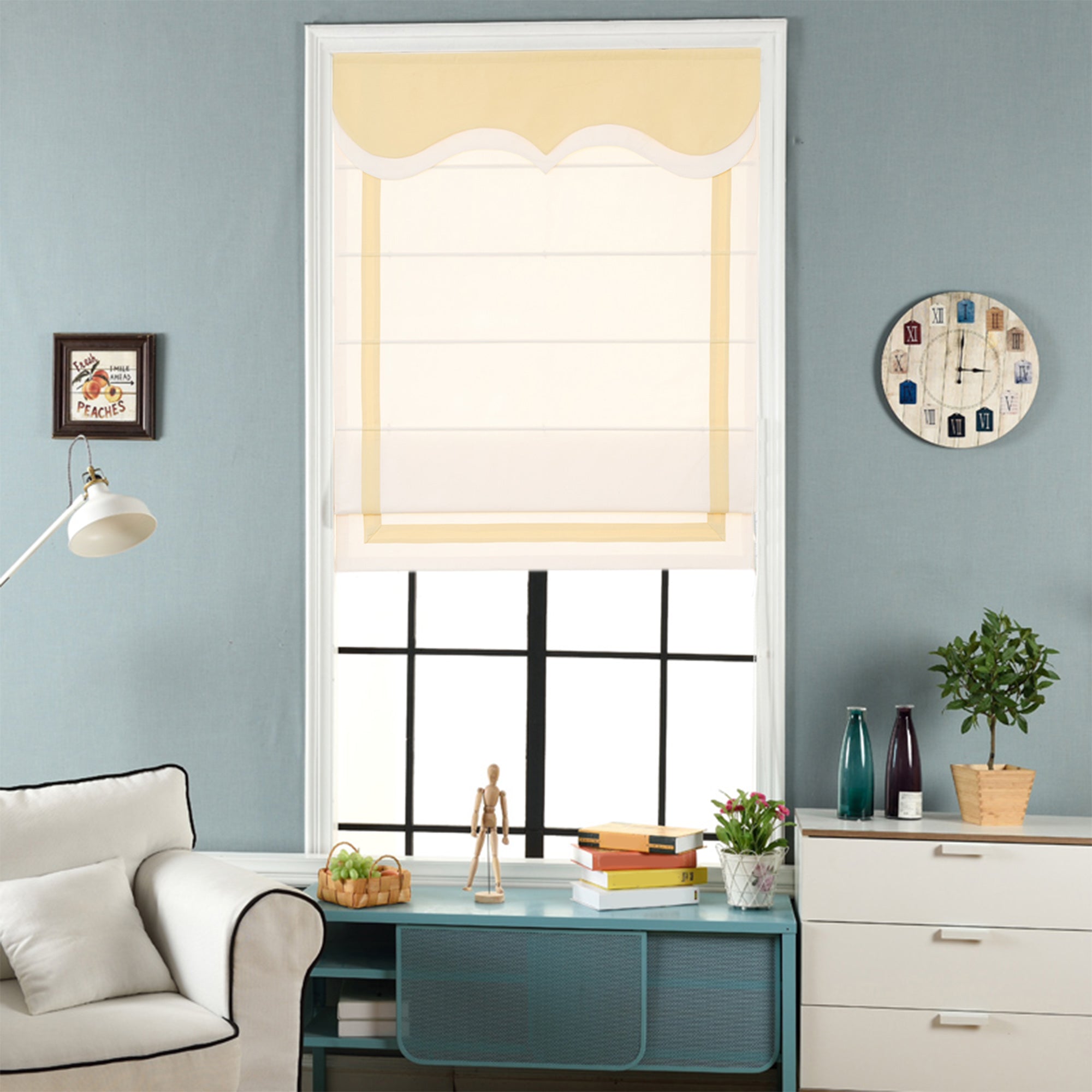 Quick Fix Washable Roman Window Shades Flat Fold with Valance, SG-007 White with Yellow Trim