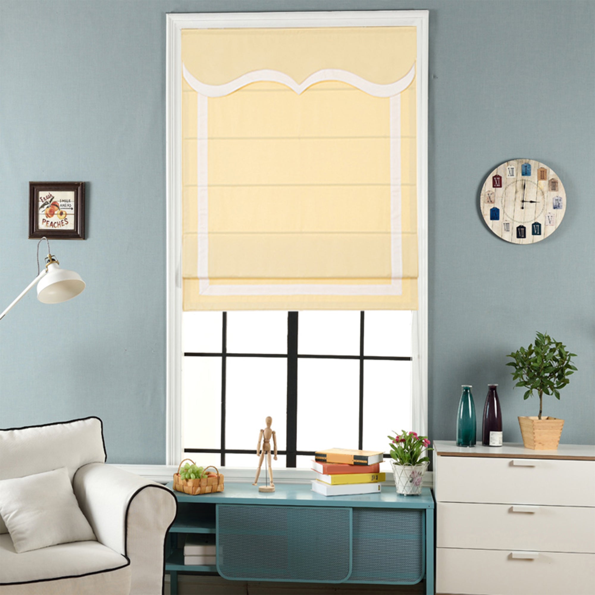 Quick Fix Washable Roman Window Shades Flat Fold with Valance, SG-012 Yellow with White trim