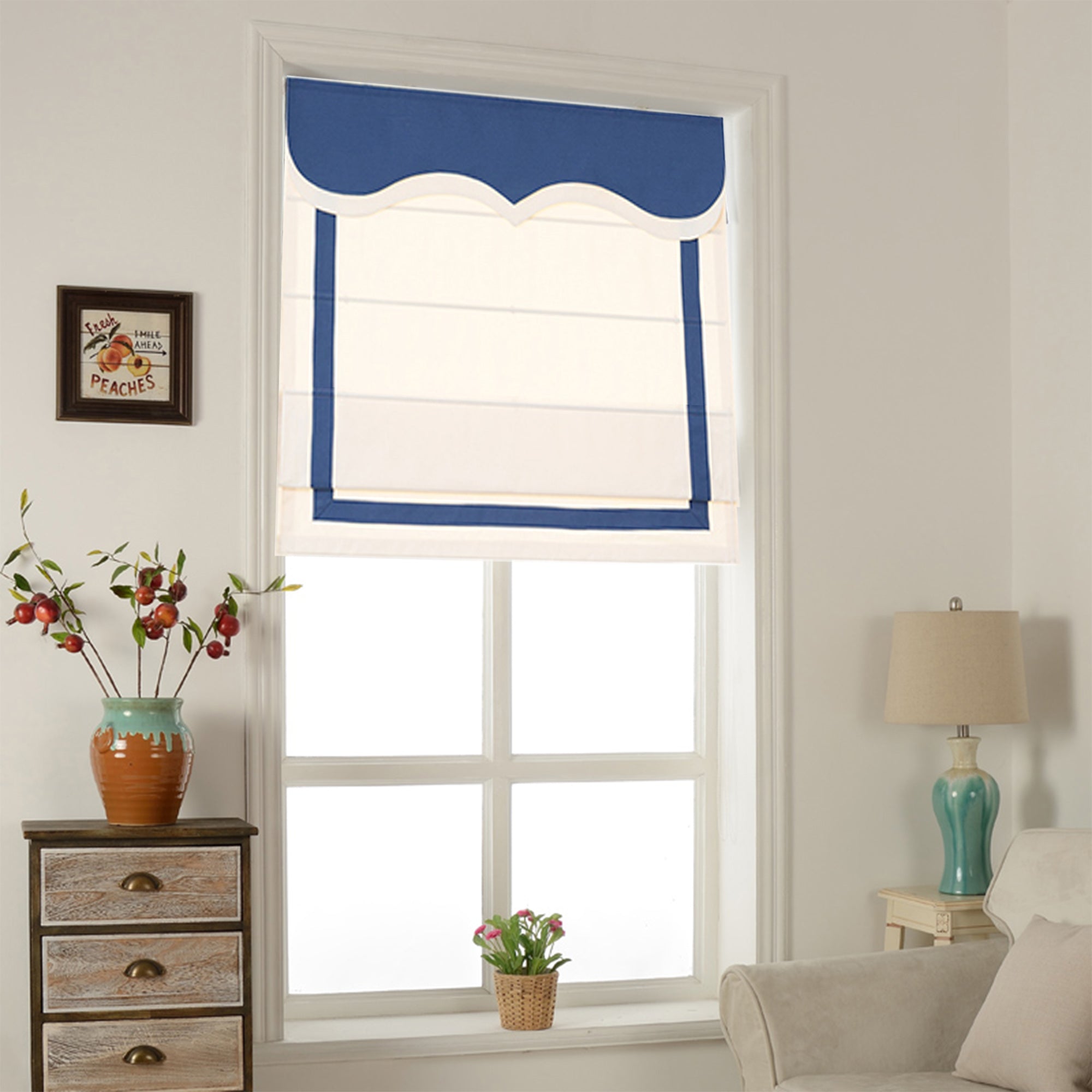 Quick Fix Washable Roman Window Shades Flat Fold with Valance, SG-009 White with Blue Trim