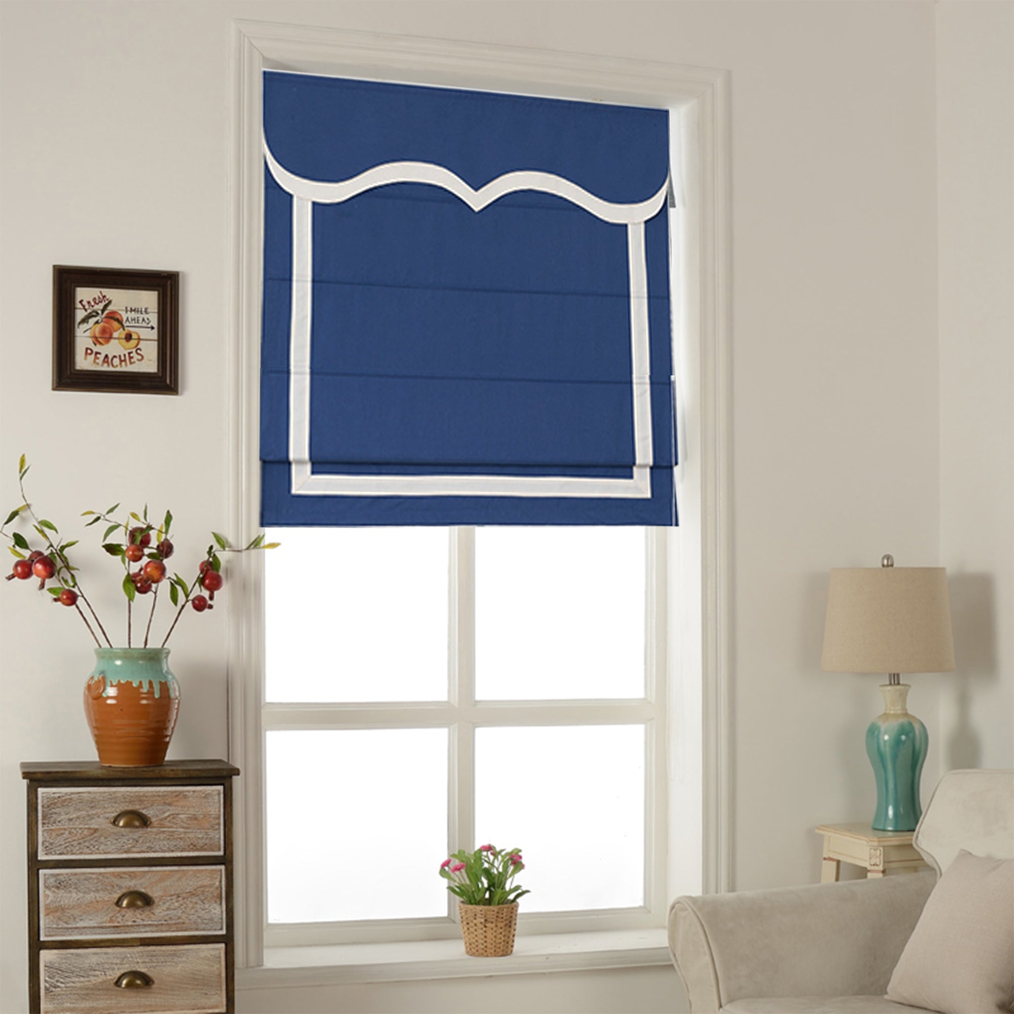 Quick Fix Washable Roman Window Shades Flat Fold with Valance, SG-014 Blue with White Trim