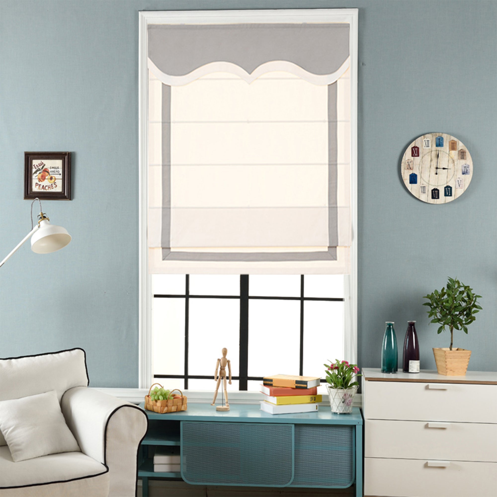 Quick Fix Washable Roman Window Shades Flat Fold with Valance, SG-008 White with Gray Trim