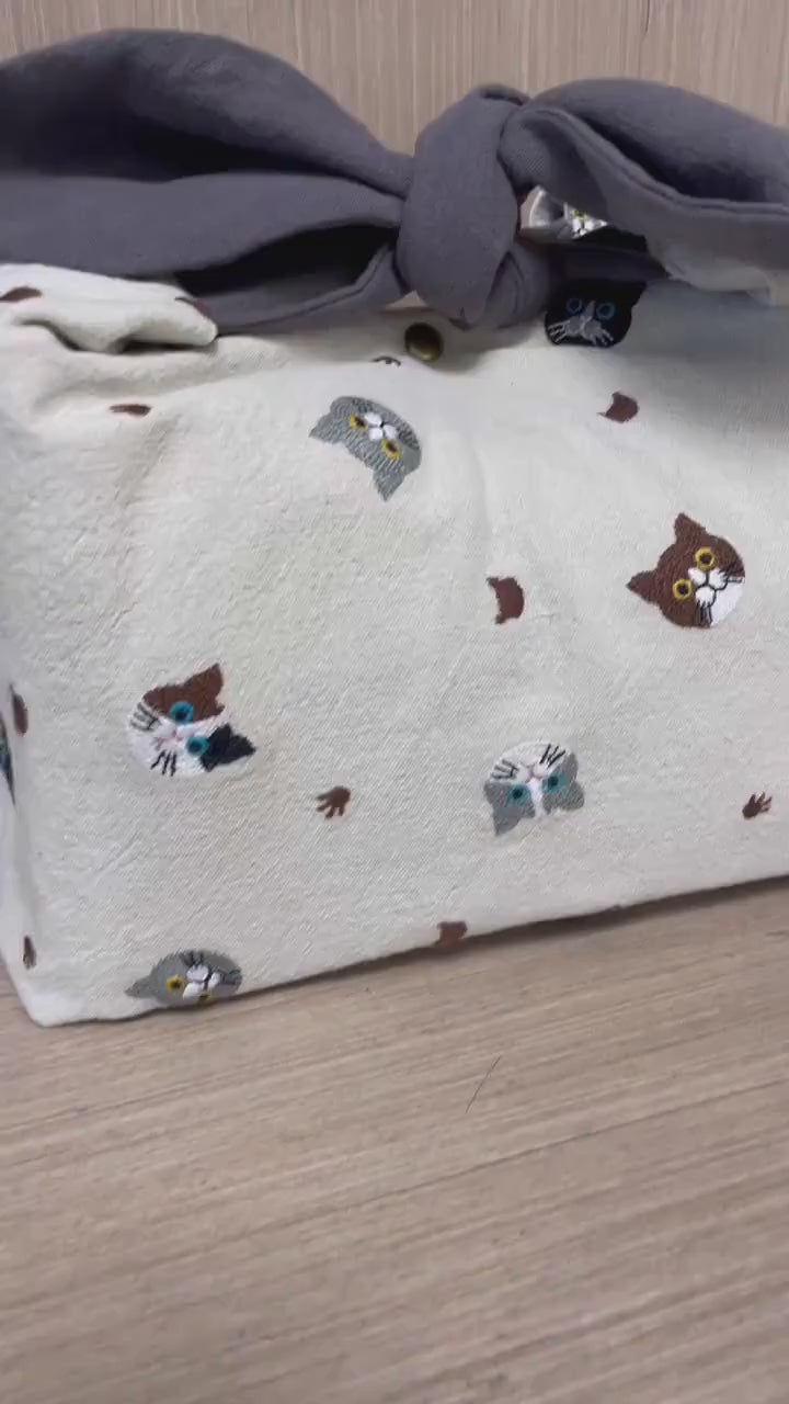 Cute Cat Reusable  lunch bag bento bag, zero waste , Eco Friendly  lunch box cloth School Gift for Kids women
