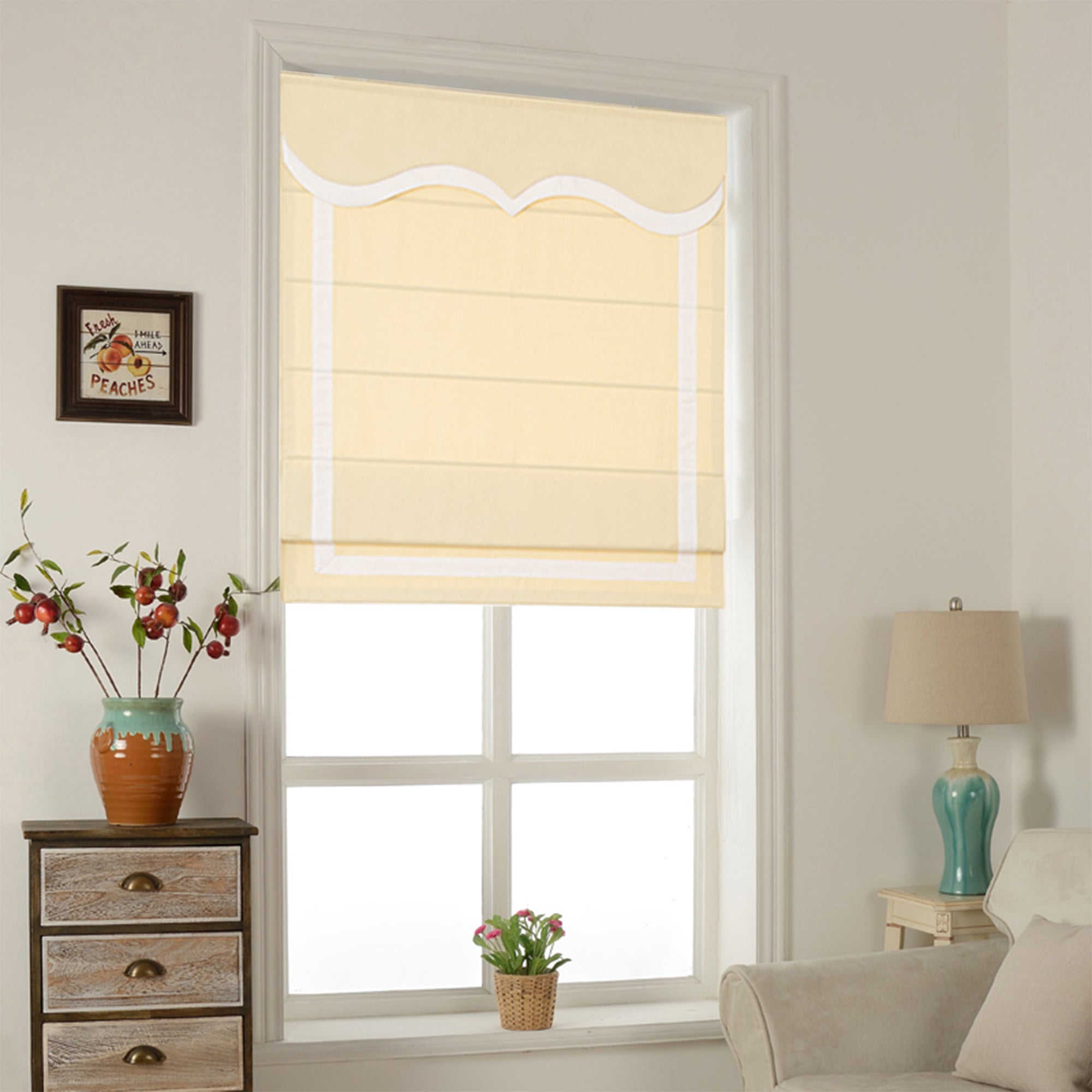 Quick Fix Washable Roman Window Shades Flat Fold with Valance, SG-012 Yellow with White trim