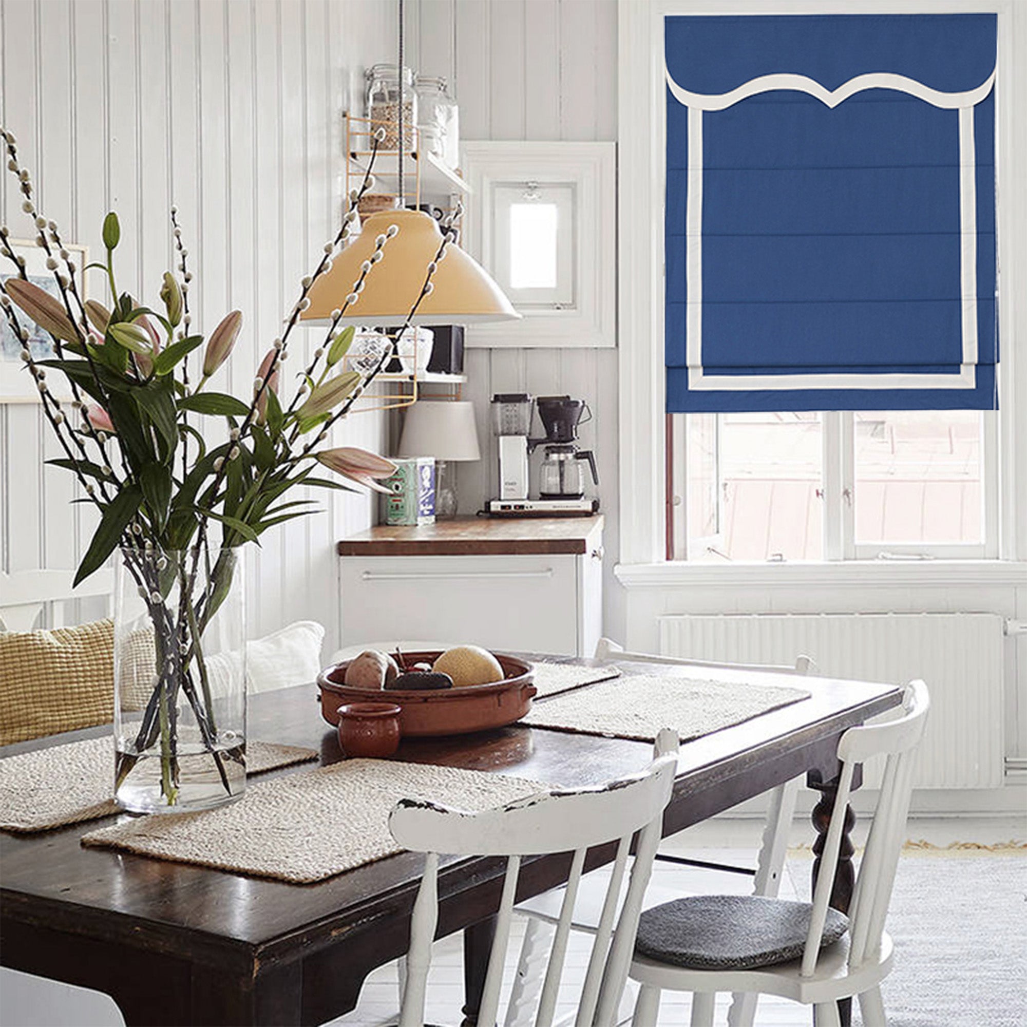 Quick Fix Washable Roman Window Shades Flat Fold with Valance, SG-014 Blue with White Trim