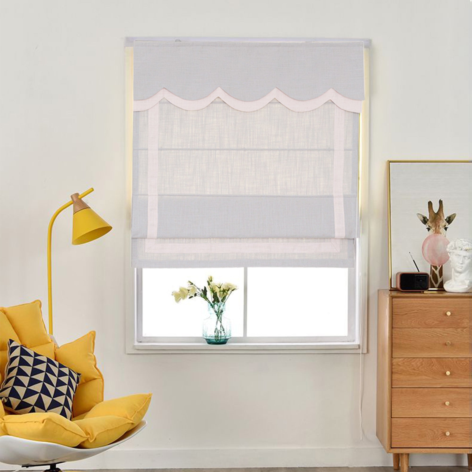 Quick Fix Washable Roman Window Shades Flat Fold with Valance, SG-005 Gray with Pink Trim