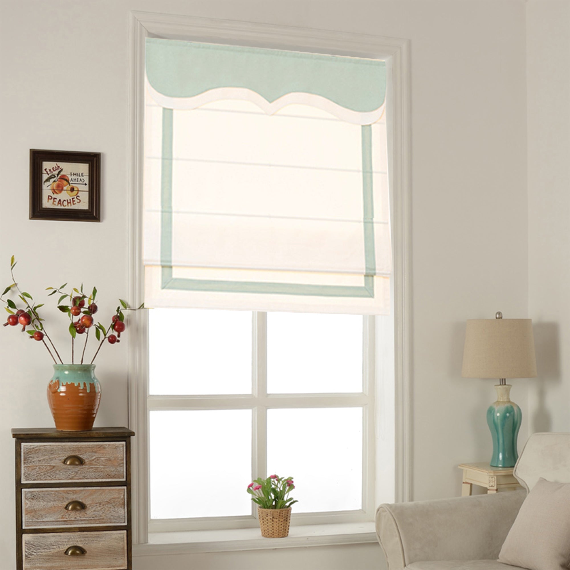 Quick Fix Washable Roman Window Shades Flat Fold with Valance, SG-010 White with Green Trim