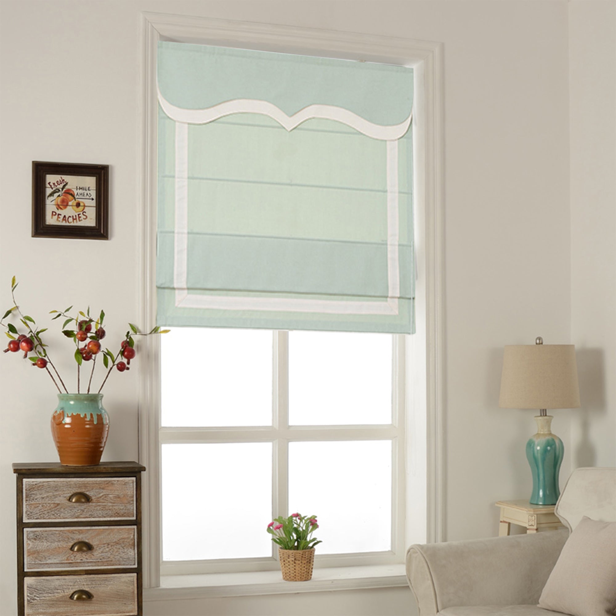 Quick Fix Washable Roman Window Shades Flat Fold with Valance, SG-015 Green with White Trim