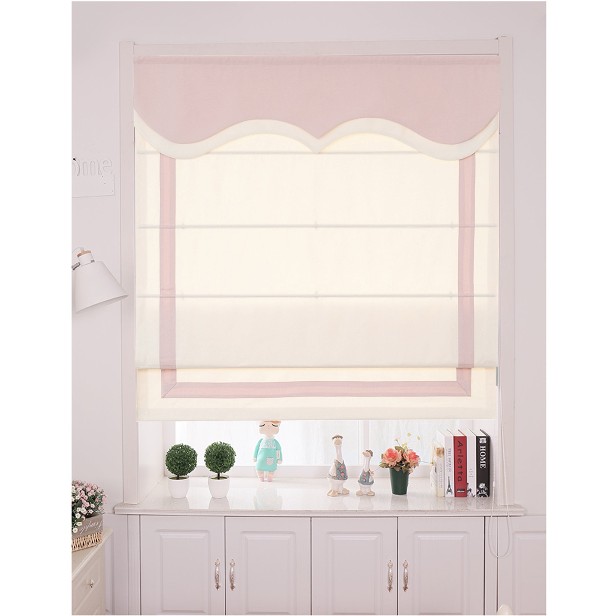 Quick Fix Washable Roman Window Shades Flat Fold with Valance SG-006 White with Pink Trim