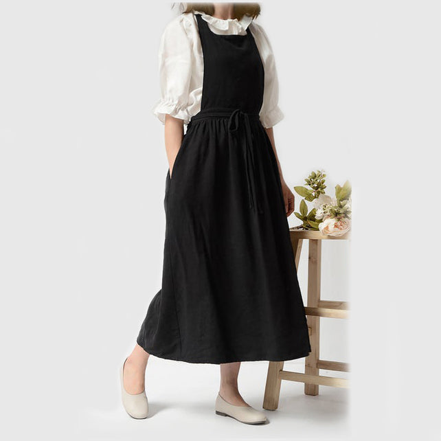Pintuck Apron Dress — Black