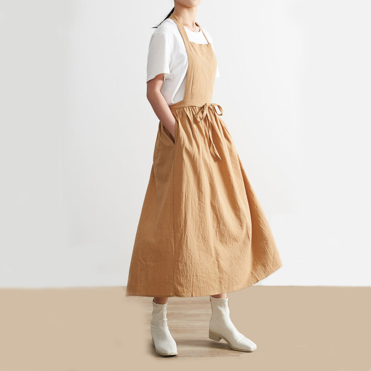 Pintuck Apron Dress — Caramel