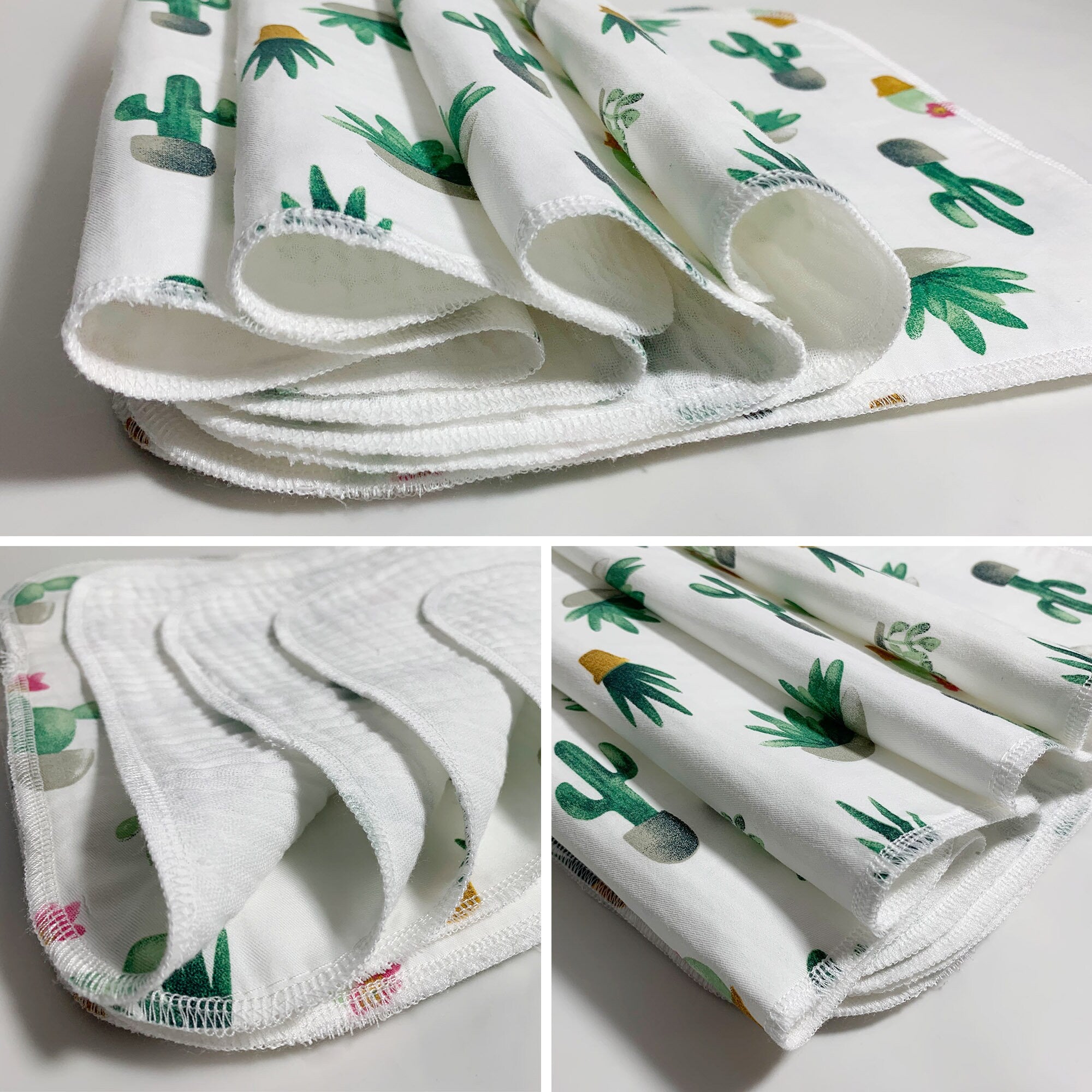 Reusable Soft Wipes, Paperless Paper Towel，Printed Fabric with Triple Gauze Cloth Towels , Set of 12 - Cactus  Christmas gift