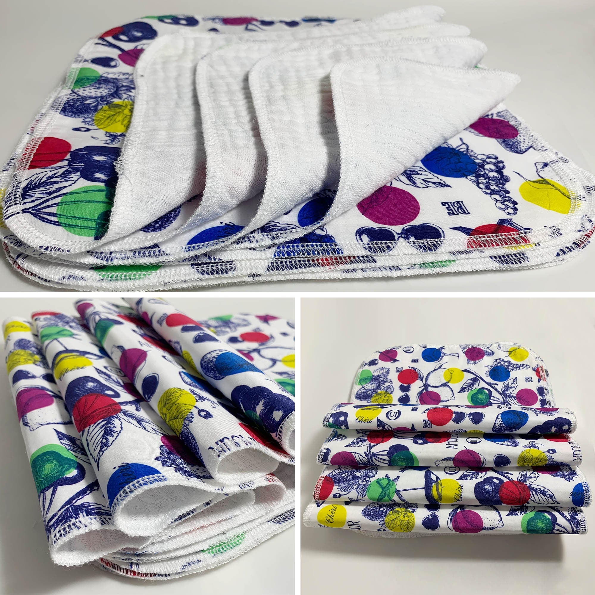 Multi-use Soft Paperless kitchen towels，Zero waste, Printed Fabric with Triple Gauze Cloth Towels , Set of 12 - Happy Fruits