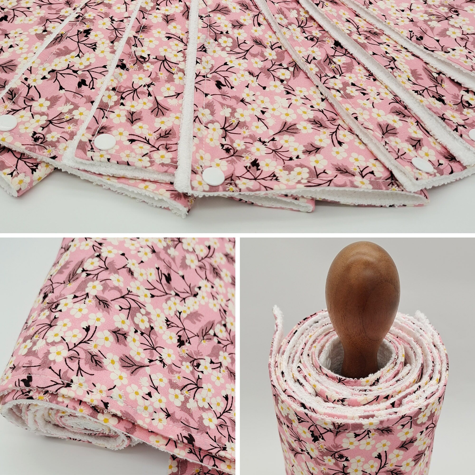 Paperless Kitchen Towels, Zero Waste Dish Towels, Reusable paper towels roll with snaps Kitchen Clothes, eco-friendly，pink flowers