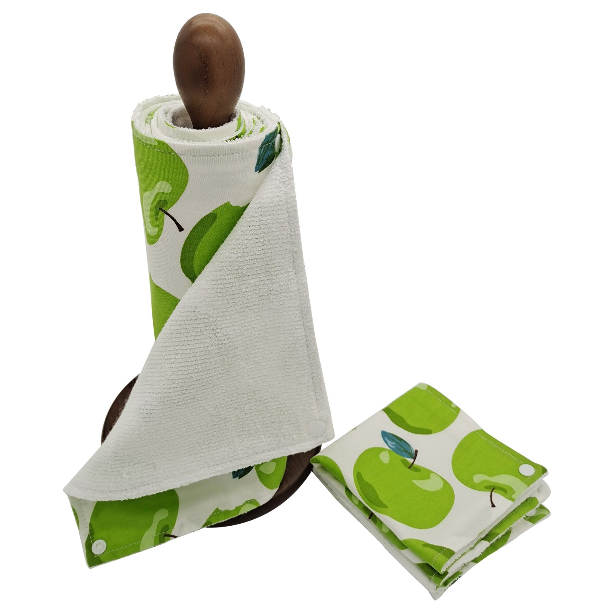 Paperless Kitchen Towels, Zero Waste Dish Towels, Reusable paper towels roll with snaps Kitchen Clothes, eco-friendly，green apple