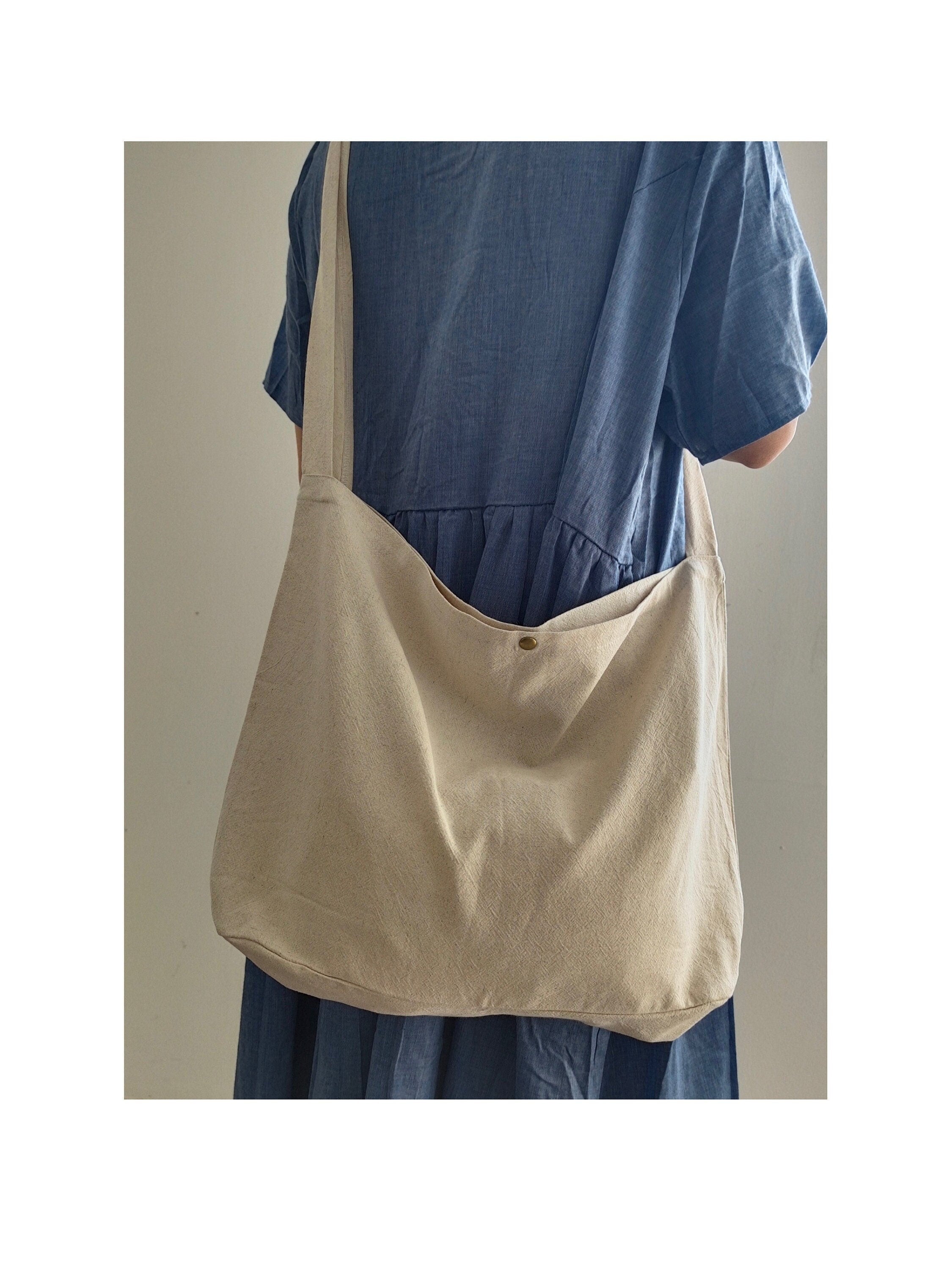 Crossbody bag, beige cotton linen school bag, market bag, tote bag,shopping bag ，travel bag，beach bag-Handmade, limited
