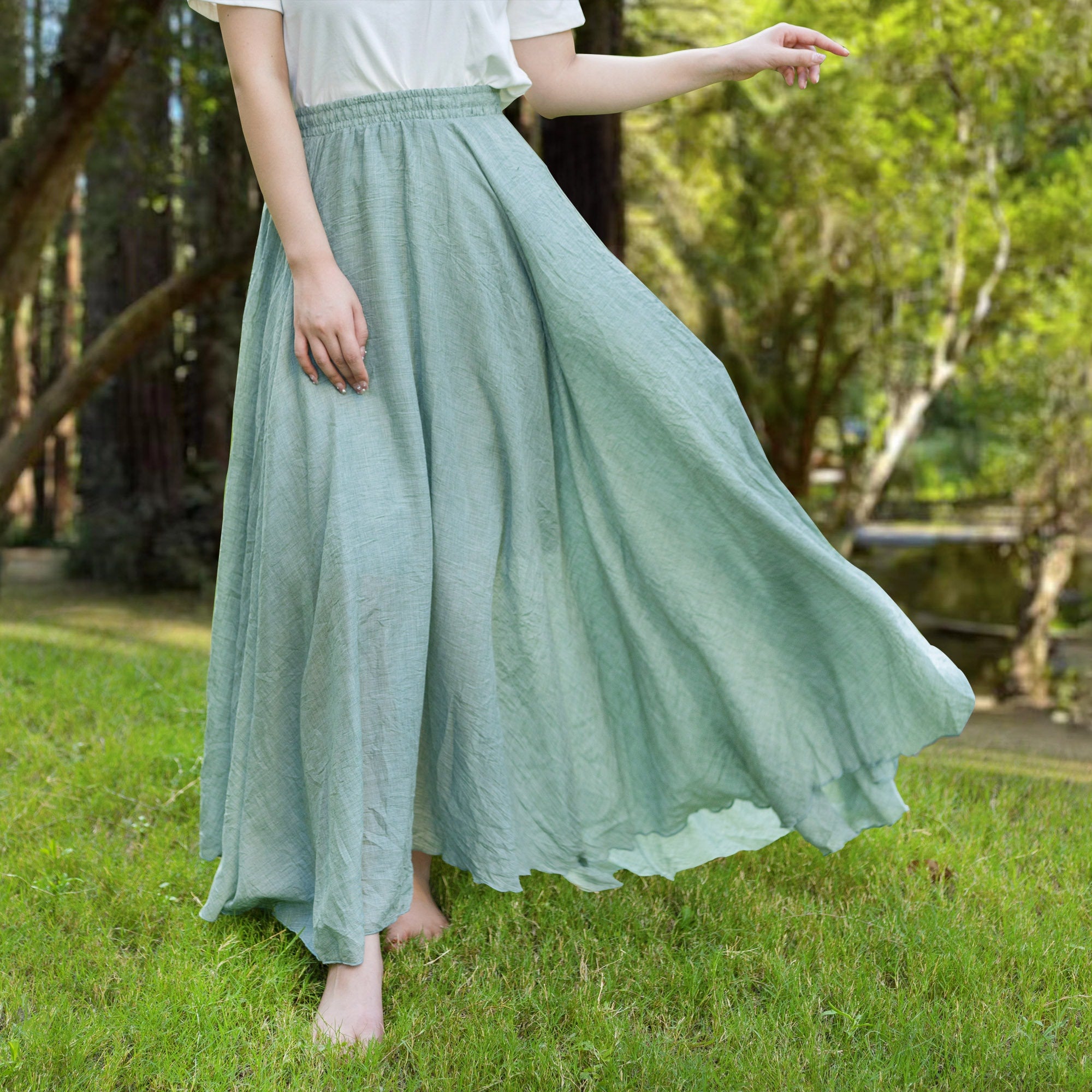 Cotton linen skirt soft and flowing linen skirt travel skirt beach skirt gift for her Light green ，Pockets and waist can be customized