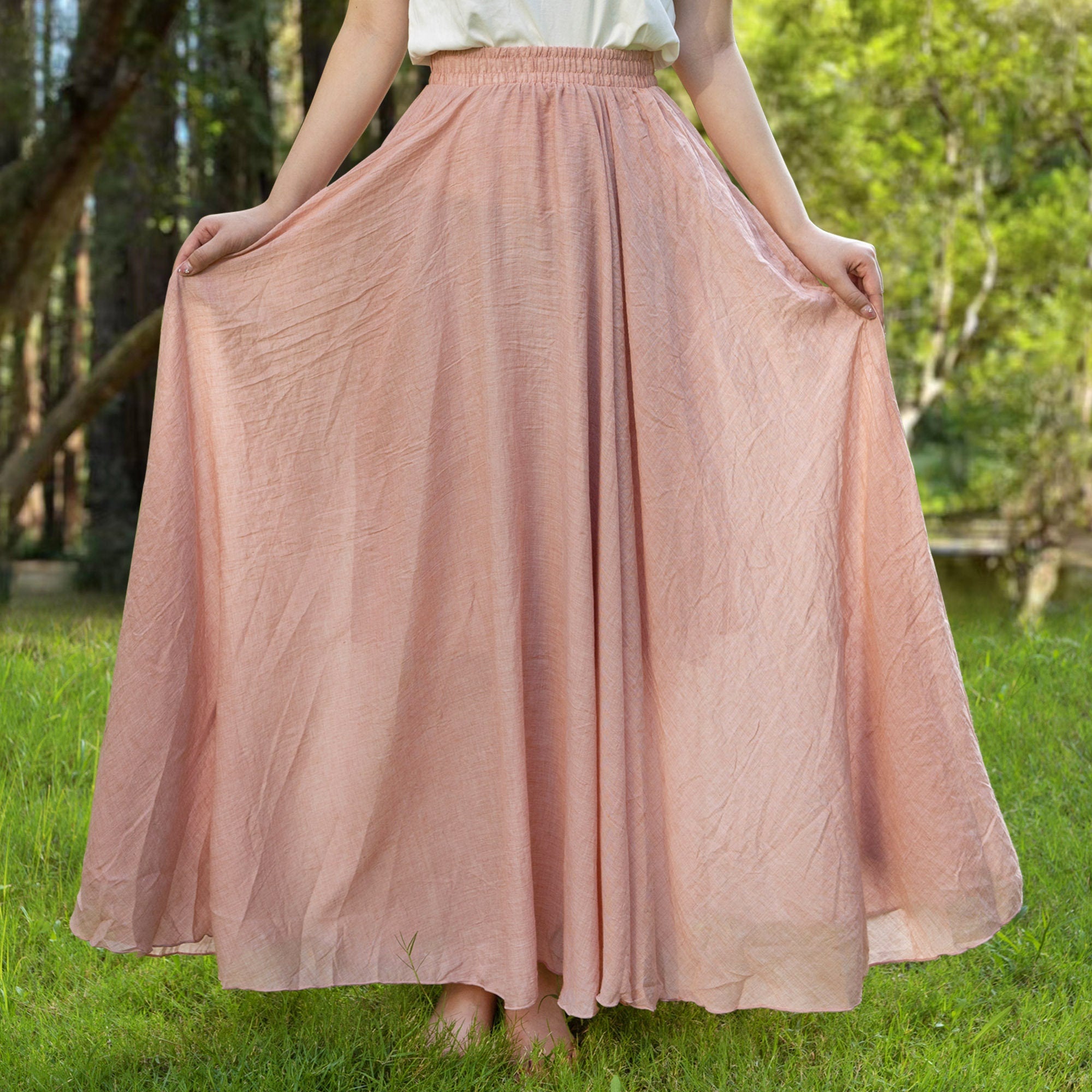 Cotton linen skirt soft and flowing linen skirt travel skirt beach skirt gift for her pink custom waist，Pockets and waist can be customized