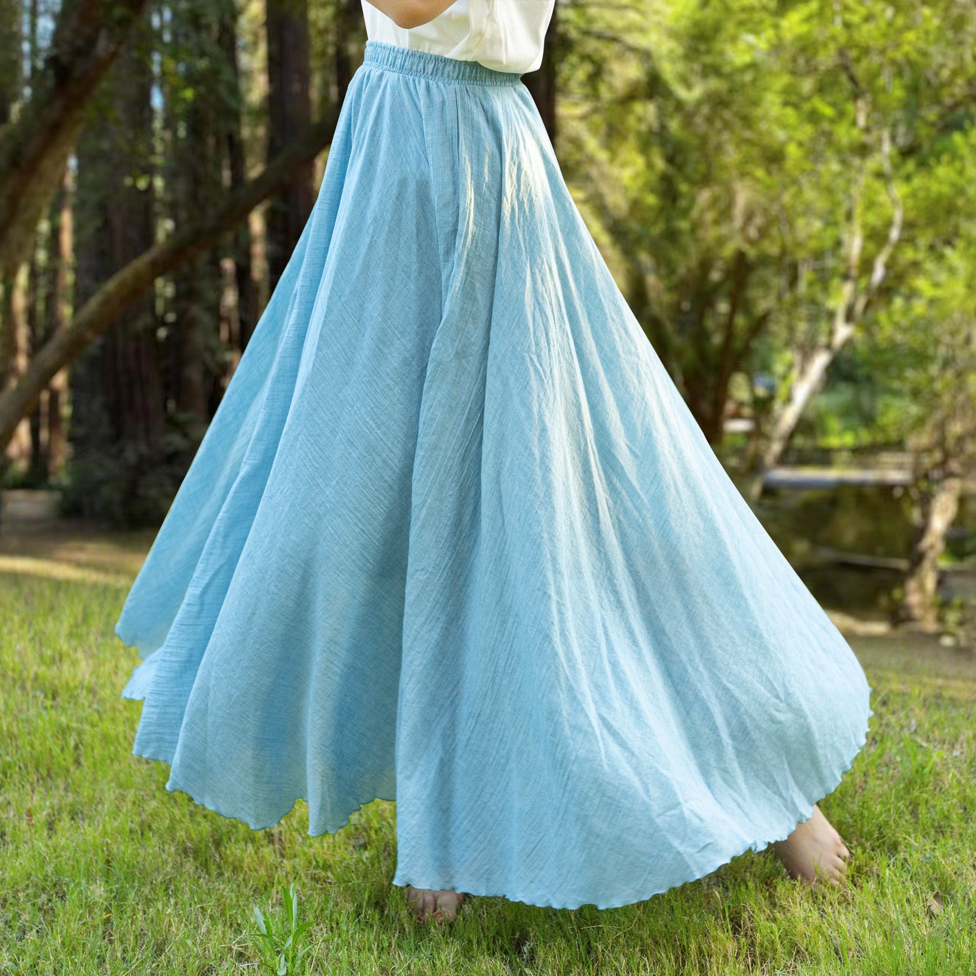 Cotton linen skirt soft and flowing linen skirt travel skirt beach skirt gift for her denim blue，Pockets and waist can be customized