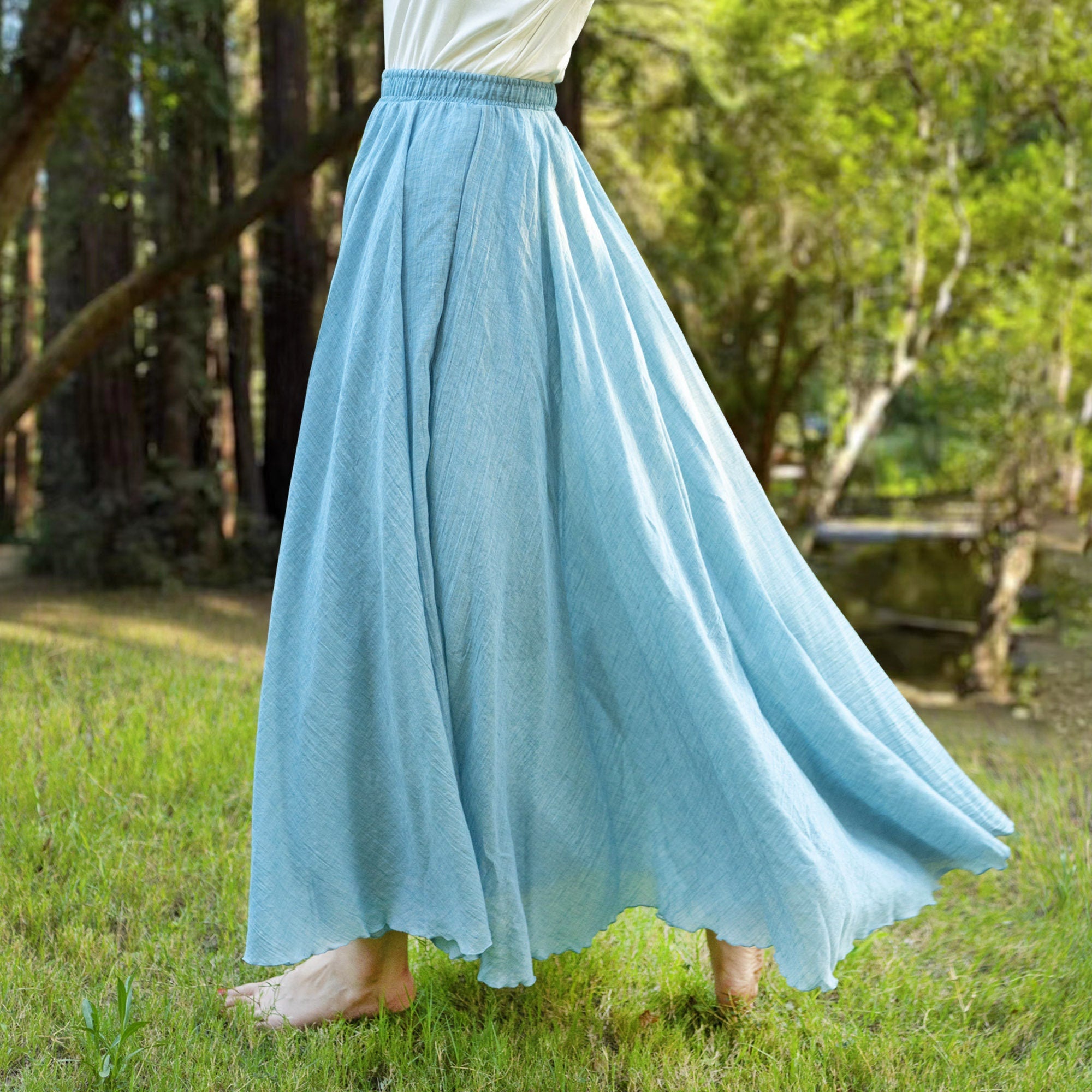 Cotton linen skirt soft and flowing linen skirt travel skirt beach skirt gift for her sky blue ，Pockets and waist can be customized