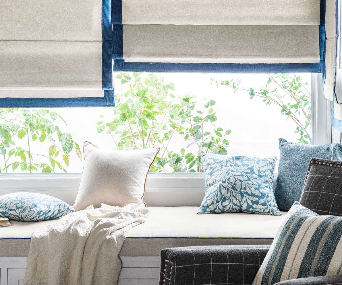 Quick Fix Washable Roman Window Shades Flat Fold light grey with blue trim - YXJ01