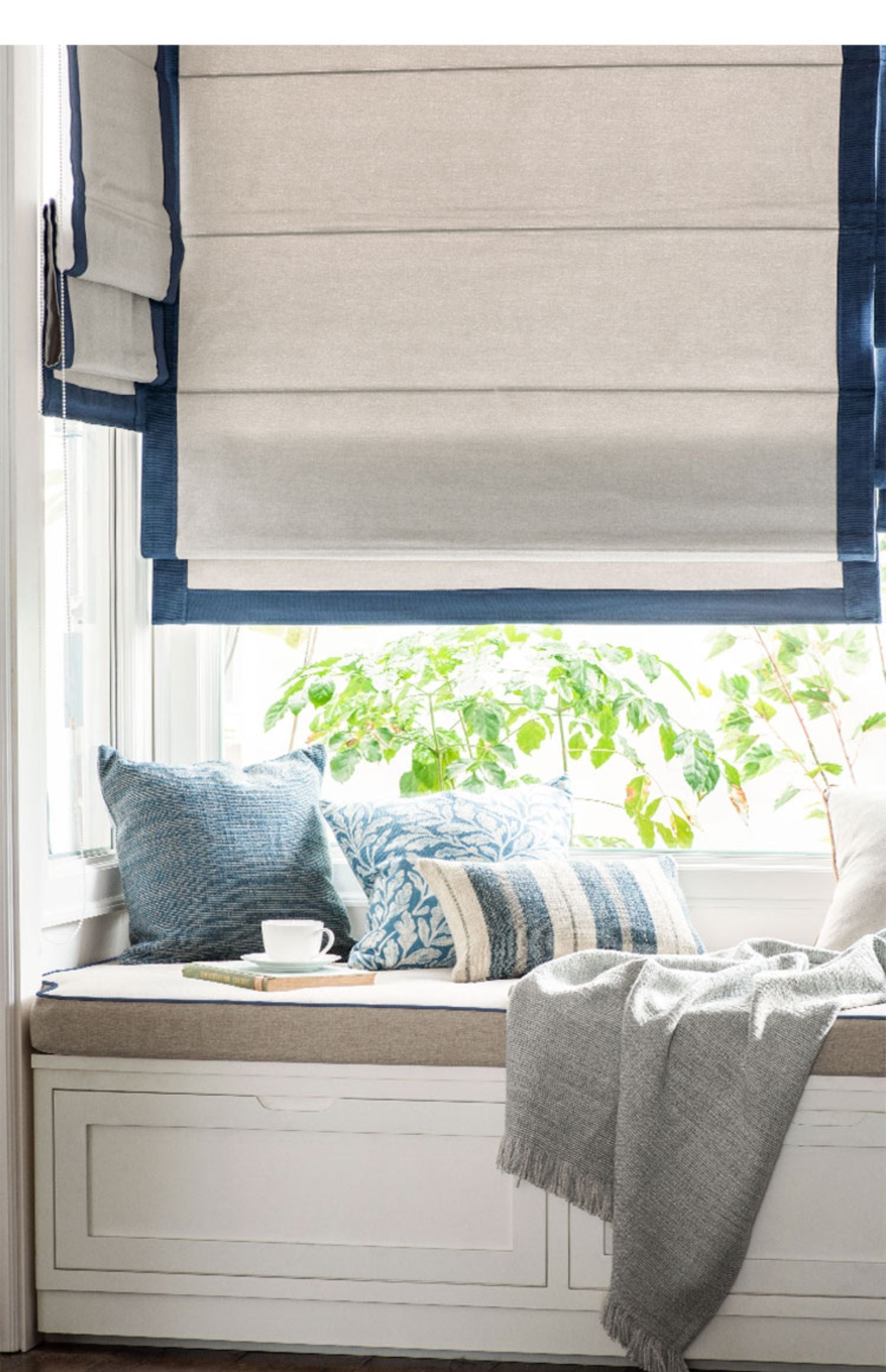 Quick Fix Washable Roman Window Shades Flat Fold light grey with blue trim - YXJ01